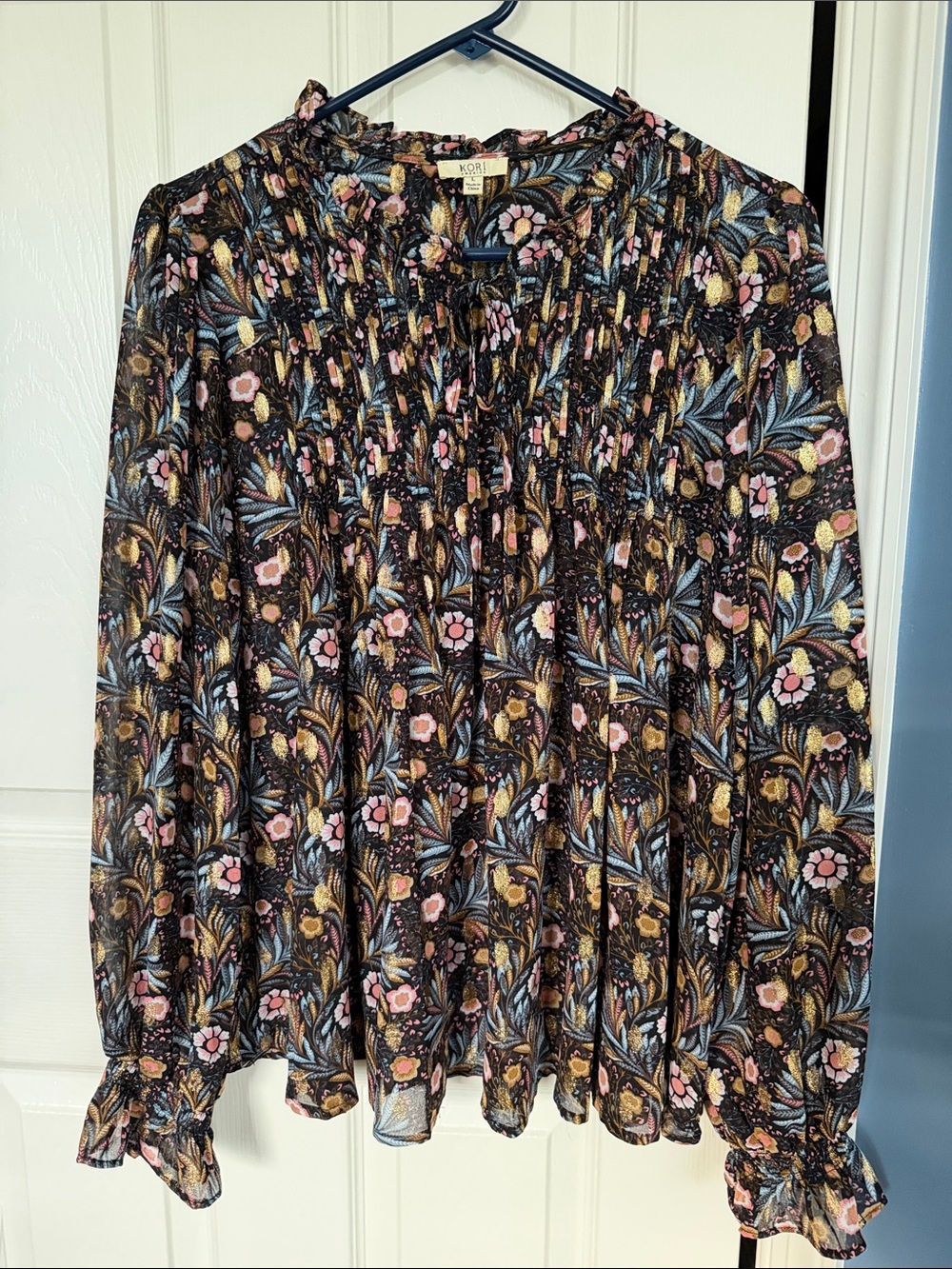 Kori Black Floral Pleated Ruffle Blouse with Pink & Blue Accents